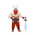 Mighty scandinavian bearded viking warrior flat vector illustration isolated.