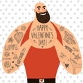 Mighty men with tattoos and Valentine`s Day greeting Royalty Free Stock Photo