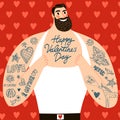 Mighty men with tattoos and Valentine`s Day greeting Royalty Free Stock Photo