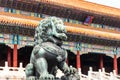 A mighty stone lion in front of the Taihe Hall of the Palace Museum in Beijing Royalty Free Stock Photo