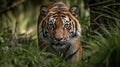 Mighty tiger prowling through the grass created with Generative AI