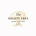 Mighty Tree Long Lasting Company Abstract Vector Sign, Symbol or Logo Template. Hand Drawn Oak Tree Sketch Sillhouette