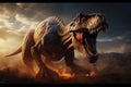 Mighty Tyrannosaurus rex dominates ancient plains with menacing, sharp teeth