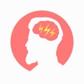 Migraine linear icon. Human head with lightning bolt. Thunderclap head. Temple pressure, pain. Flu symptom. outline symbol. Vector Royalty Free Stock Photo