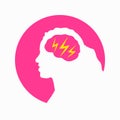 Migraine linear icon. Woman head with lightning bolt. Thunderclap head. Temple pressure, pain. Flu symptom. outline symbol. Vector Royalty Free Stock Photo