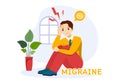 Migraine Vector Illustration People Suffers from Headaches, Stress and Migraines in Healthcare Flat Cartoon Hand Drawn Background