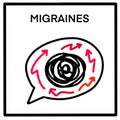 Migraines hand drawn vector illustration icon in cartoon comic doodle style arrows thoughts speech bubble