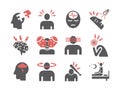 Migraines. Migraine symptoms. Headache. Flat icons. Vector set.