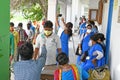 Migrant labourers rescued and confined at a `Burdwan Bidyarthi Bhaban High School` complex have queued up for health screening for