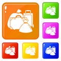 Migrant refugee bags icons set vector color Royalty Free Stock Photo