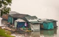 Migrant worker housing on rafts on Li River downtown, Guilin, China