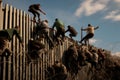 Migrants climb over border fence traffic. Generate Ai