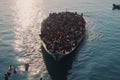 Migrants in an overcrowded boat cross the sea