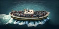 Migrants and refugees take a dangerous journey in a boat on the ocean. Generative ai