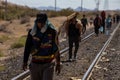 Migrants walking along railway tracks in Mexico