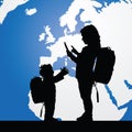 Migration children silhouette with planet color illustration Royalty Free Stock Photo