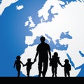 Migration father with children map in background illustration Royalty Free Stock Photo