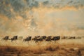 Migratory wildebeest herds, painted with oil or acrylic paints Royalty Free Stock Photo