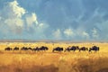 Migratory wildebeest herds, painted with oil or acrylic paints