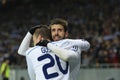 Miguel Veloso and Oleh Gusev celebrating scored goal, UEFA Europa League Round of 16 second leg match between Dynamo and Everton