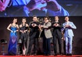 Mika Wang, Lin Peng, John Cusack, Jackie Chan, Adrien Brody and Choi Siwon at Dragon Blade Premiere. Royalty Free Stock Photo