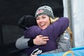 Mikaela Shiffrin givind a hug to the friend during the Audi FIS Alpine Ski World Cup Women`s Giant Slalom