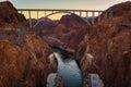 Mike O`Callaghan - Pat Tillman Memorial Bridge during sunset from the Hoover Dam Water reservoir with wonderful rock