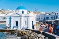 The harbor of Mykonos Town, called Chora whitewashed cubic houses narrow streets Royalty Free Stock Photo