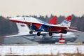 Mikoyan Gurevich MiG-29 of Swifts aerobatics team taking off at Kubinka air force base.