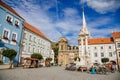 Mikulov, South Moravian Region, Czech Republic, 05 July 2021: Baroque Sculpture column of the Holy Trinity at Square at sunny