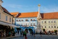 Mikulov, South Moravian Region, Czech Republic, 05 July 2021: Baroque Sculpture column of the Holy Trinity at Square at sunny