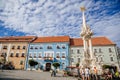 Mikulov, South Moravian Region, Czech Republic, 05 July 2021: Baroque Sculpture column of the Holy Trinity at Square at sunny