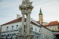 Mikulov, South Moravian Region, Czech Republic, 05 July 2021: Baroque Sculpture column of the Holy Trinity at Square at sunny