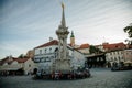 Mikulov, South Moravian Region, Czech Republic, 05 July 2021: Baroque Sculpture column of the Holy Trinity at Square at sunny