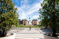 Milan. Back View of Giuseppe Garibaldi Monument in Milan. Cairoli Square. Entrance on Street Via Dante.