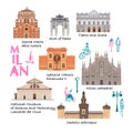 Milan buildings of world famous places. Italy. Cartoon doodle art for design. Traditional symbols full color vector Royalty Free Stock Photo