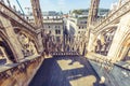 Milan Cathedral roof close-up, Italy, Europe. Luxury decorations detail of old Milan architecture. View of ornate Gothic rooftop Royalty Free Stock Photo