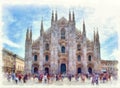 Duomo di Milano cathedral watercolor painting