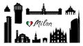 Milan city famous place travel set. Italy, architectural tourist landmark silhouettes. Historic buildings and modern skyscrapers.