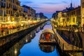 Milan city, Italy, Naviglo Grande canal in the late evening