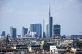 Milan cityscape with skyscrapers of Porta Nuova business district from Duomo roof terrace in Italy