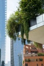 Milan 07/15/2020: district of Porta Nuova, plants on terrace of Bosco Verticale buildiing and skyscraper