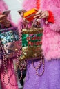 Women with golden and green floral Gucci bags and pink fur coat before Gucci fashion show, Milan Fashion Week