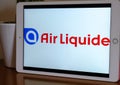 Milan 2022 Milan, Italy: Air Liquide company logo icon close-up on tablet screen. Air Liquide illustrative brand logo