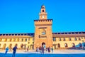 Courtyard of Arms and Torre del Filarete, the main entrance to Sforza`s Castle, Milan, Italy Royalty Free Stock Photo