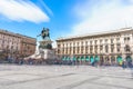 Milan, Italy - April 28, 2017: Monumento Equestre a Vittorio Emanuele II with the traveler in Royalty Free Stock Photo