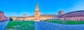 Panorama of the Courtyard of Arms with high Torre del Filarete tower, Sforza`s Castle in Milan, Italy