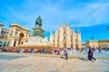 Piazza del Duomo square with its main landmarks, such as Duomo, Galleria and statue to Vittorio Emanuele II, Milan, Italy Royalty Free Stock Photo