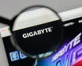 Milan, Italy - August 10, 2017: Gigabyte logo on the website homepage.