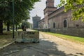 MILAN, ITALY - AUGUST 1, 2019: The Outer Wall of Castello Sforzesco - Sforza Castle in Milan Royalty Free Stock Photo